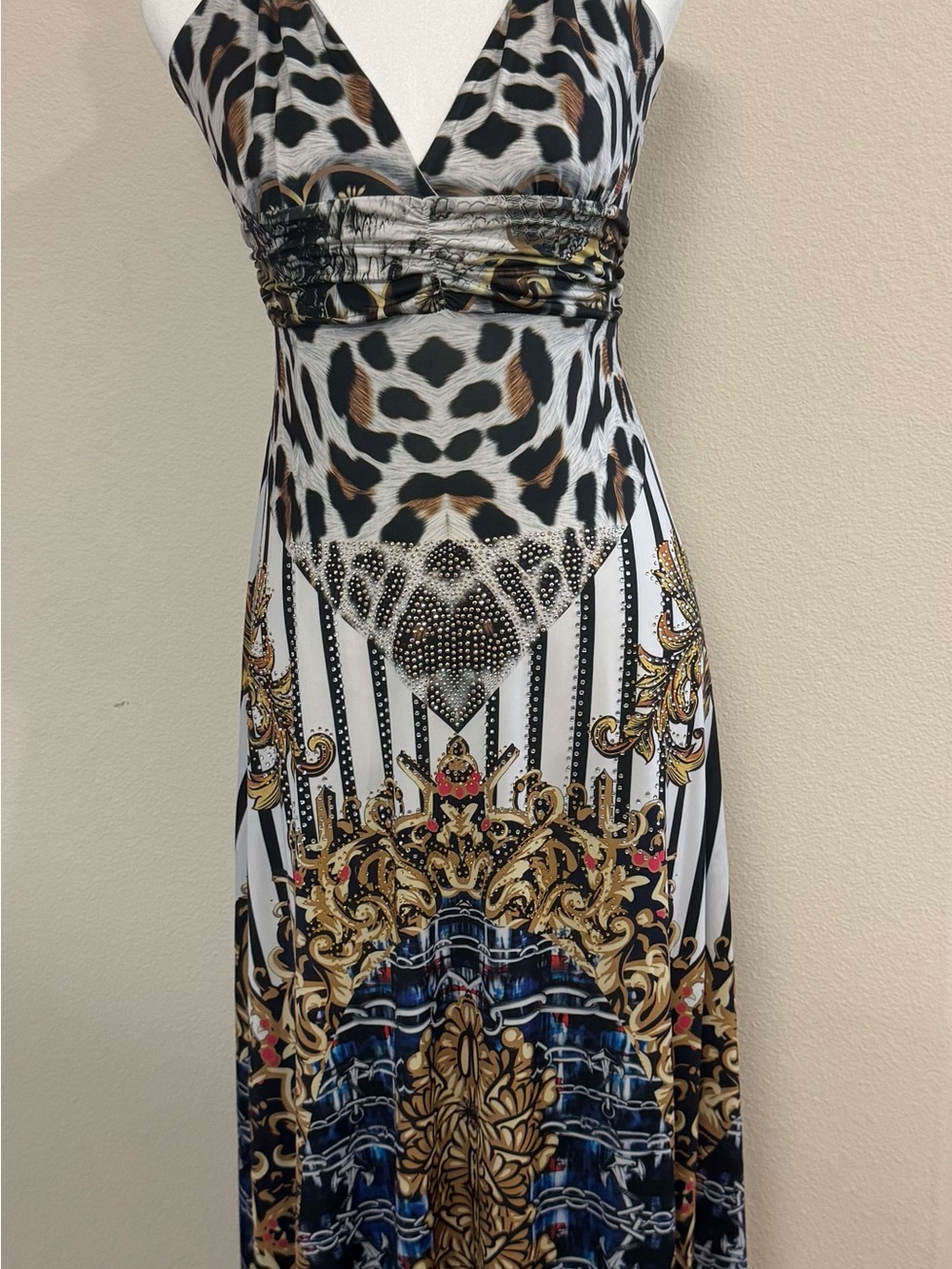 Womens Multicolor Animal Print Halter Maxi Dress M V-Neck Backless Rhinestone
